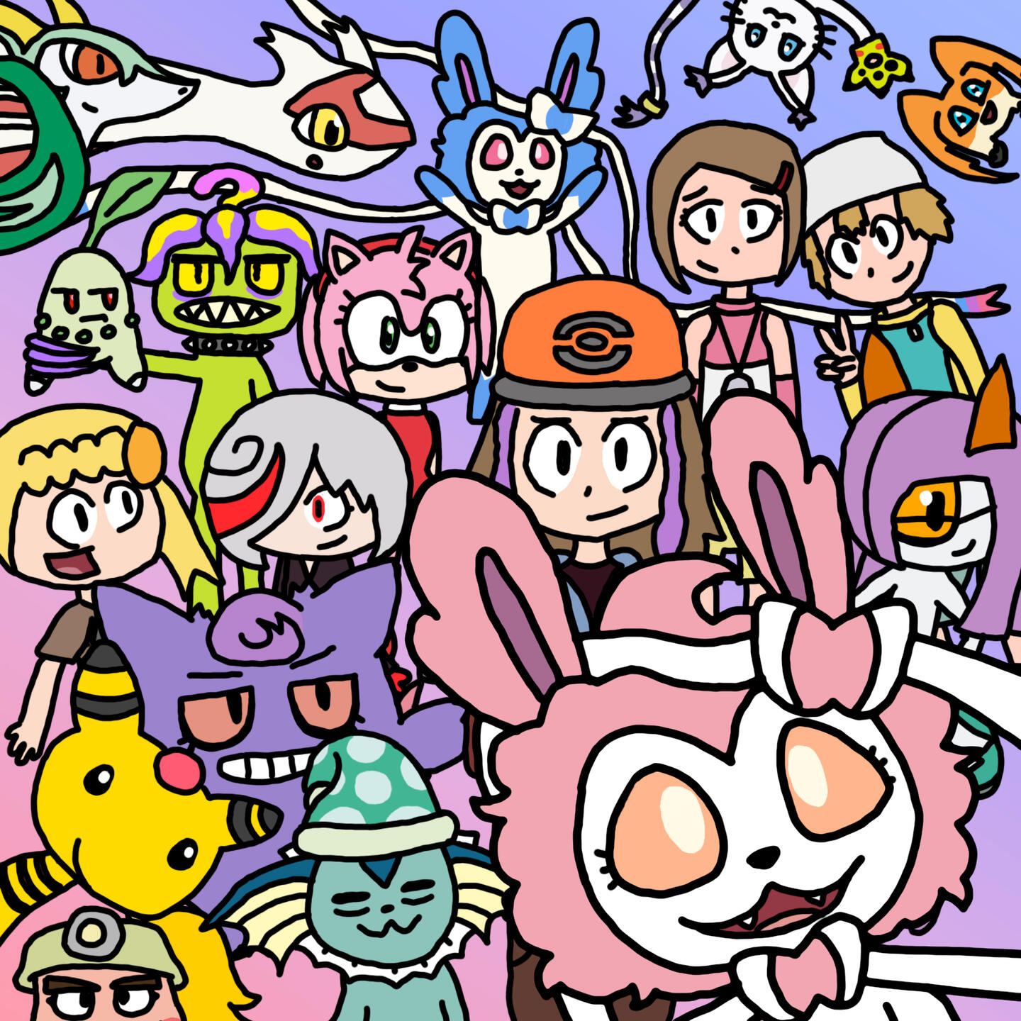 A group shot of 19 of the Harmony Friends. from left to right, top to bottom: Serafina, Eri, Rhythm, Tailmon, Patamon, Chloe, Nene, Amy Rose, Hikari, Takeru, Bonnie, Sage, Aurora, Mara, Fate, Amity, Dissy, Bella, and Melody.